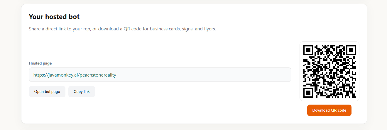 Hosted bot section with direct link and QR code download