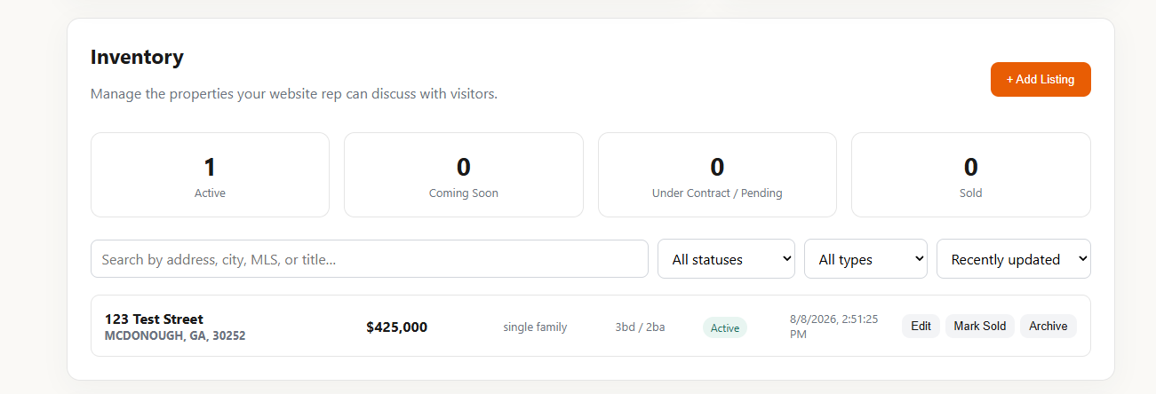 Real estate inventory dashboard showing listing management for Peachstone Realty