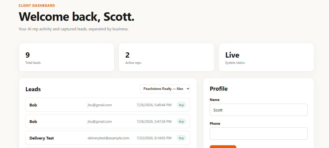 Java Monkey client dashboard overview with lead list and profile panel